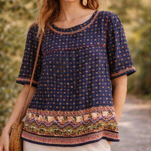 Anthropologie Holding Horses Minas Boho Embroidered Blouse Navy Short Sleeve Sz4